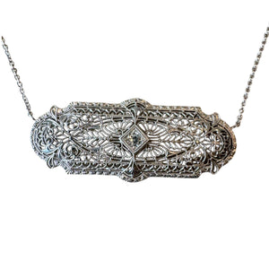 Vintage Filigree Brooch Conversion Necklace 14K White Gold