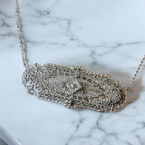 Vintage Filigree Brooch Conversion Necklace 14K White Gold