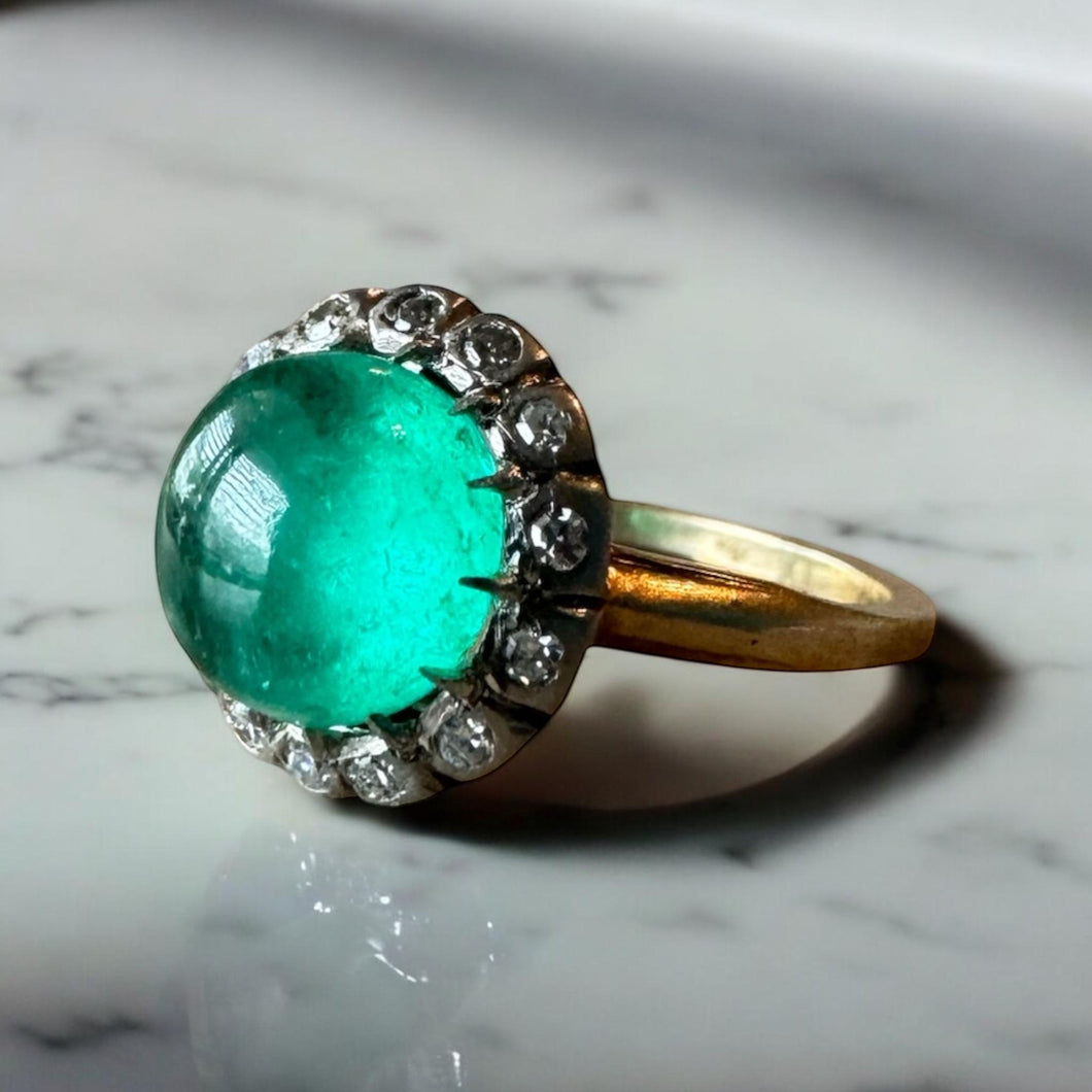 Vintage Edwardian Era Cabochon Cut Colombian Emerald Ring GIA