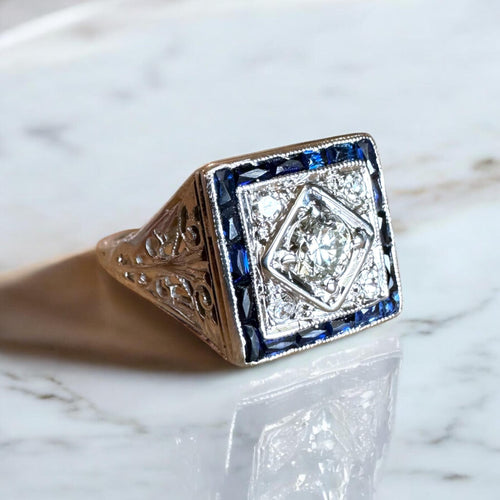 Vintage Art Deco Diamond & Sapphire Filigree Ring