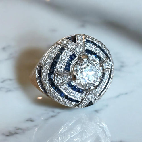 Vintage Platinum 0.75 Carat Old European Cut Diamond & Sapphire Halo Ring