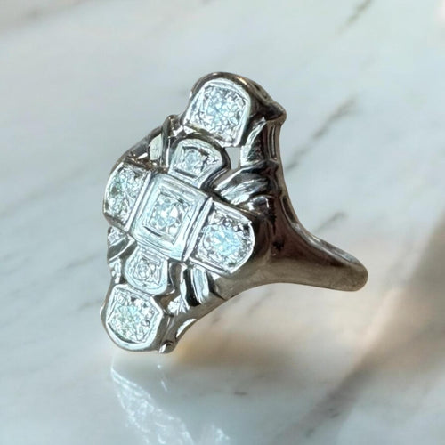 Dainty Vintage Diamond Cocktail Ring 14K White Gold