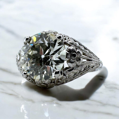 Antique 3.77 Carat Old European Cut Diamond Platinum Engagement Ring GIA