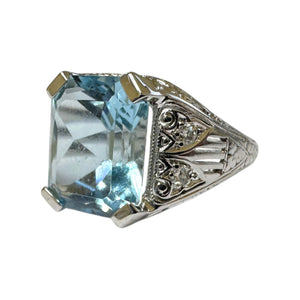 Vintage 6 Carat Aquamarine Filigree Ring 18K White Gold