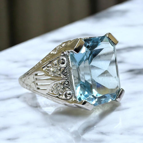 Vintage 6 Carat Aquamarine Filigree Ring 18K White Gold