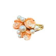 Vintage Carved Coral Flower & Pearl Ring 14K Yellow Gold