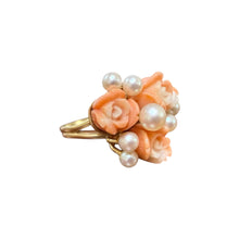 Vintage Carved Coral Flower & Pearl Ring 14K Yellow Gold