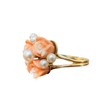 Vintage Carved Coral Flower & Pearl Ring 14K Yellow Gold
