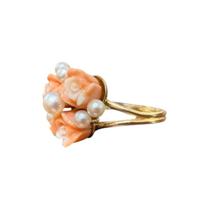 Vintage Carved Coral Flower & Pearl Ring 14K Yellow Gold