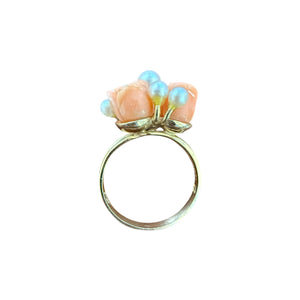 Vintage Carved Coral Flower & Pearl Ring 14K Yellow Gold