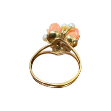 Vintage Carved Coral Flower & Pearl Ring 14K Yellow Gold