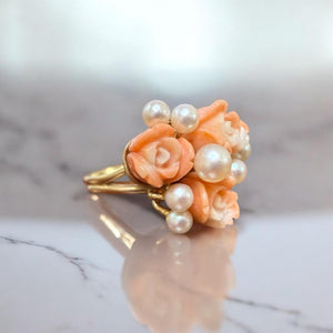 Vintage Carved Coral Flower & Pearl Ring 14K Yellow Gold