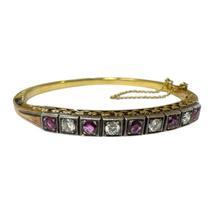 Vintage Ruby & Diamond Bangle Bracelet 14K Yellow Gold
