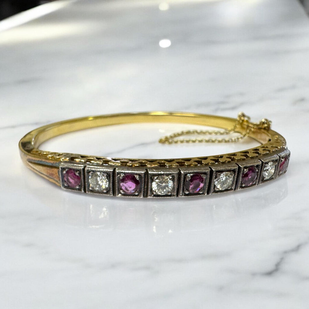Vintage Ruby & Diamond Bangle Bracelet 14K Yellow Gold