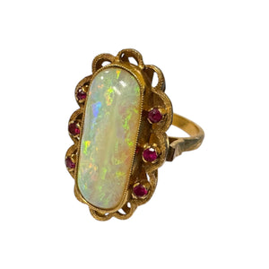 Vintage Vibrant Opal & Ruby Cocktail Ring 18K Yellow Gold