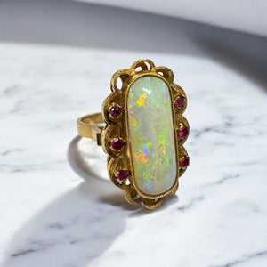 Vintage Vibrant Opal & Ruby Cocktail Ring 18K Yellow Gold