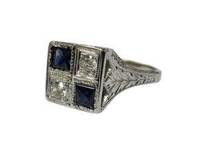 Vintage Art Deco Sapphire & Diamond Ring 20K White Gold