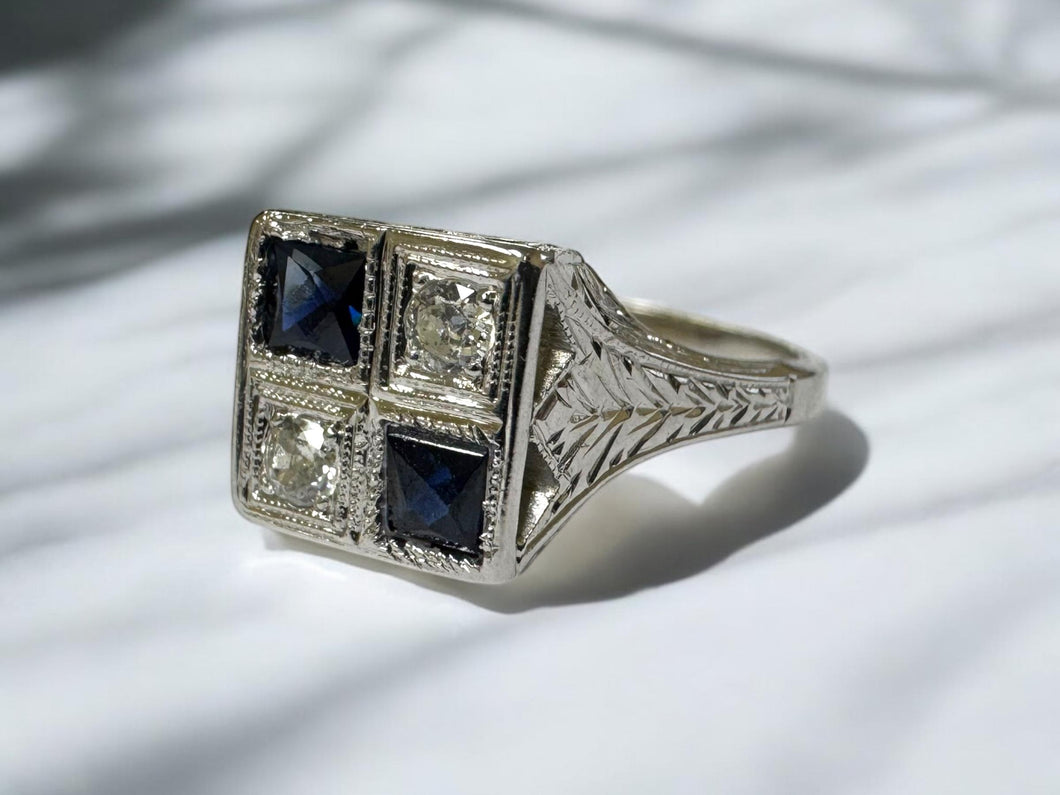Vintage Art Deco Sapphire & Diamond Ring 20K White Gold