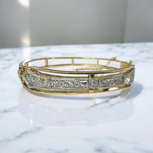 Vintage Filigree Brooch Conversion Bangle Bracelet Two Toned