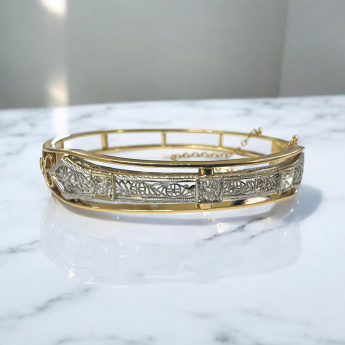Vintage Filigree Brooch Conversion Bangle Bracelet Two Toned