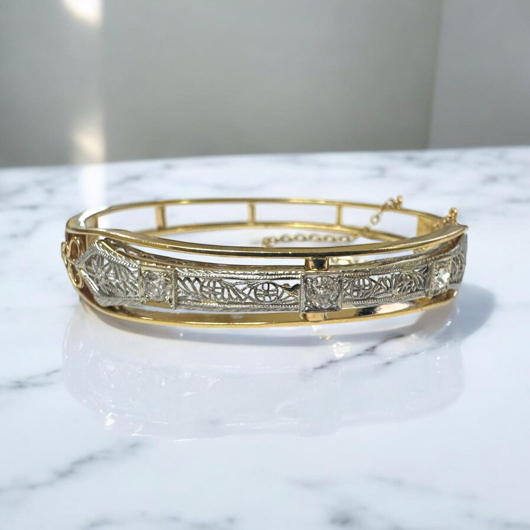 Vintage Filigree Brooch Conversion Bangle Bracelet Two Toned