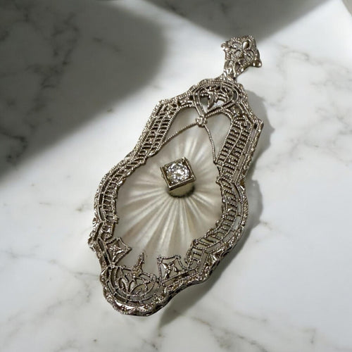 Vintage Art Deco Era Camphor Glass Pendant 14K White Gold
