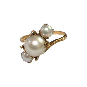 Vintage Pearl Rose Gold Three Stone Ring 14K