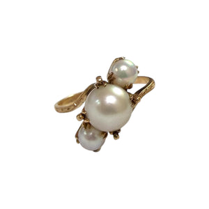 Vintage Pearl Rose Gold Three Stone Ring 14K