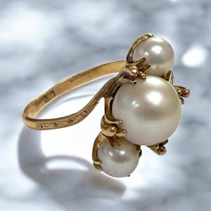 Vintage Pearl Rose Gold Three Stone Ring 14K