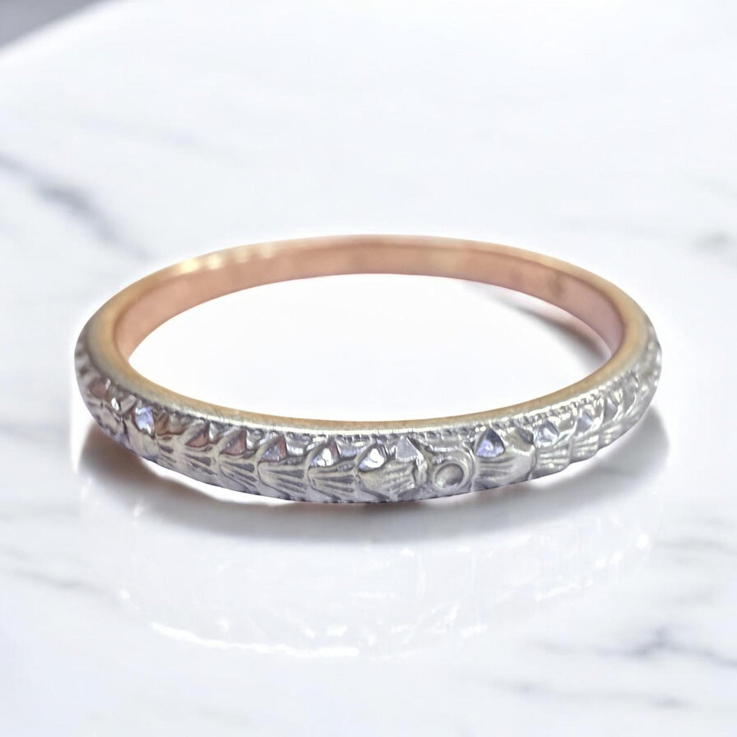 Vintage Engraved Wedding Band 14K White & Yellow Gold Size 9