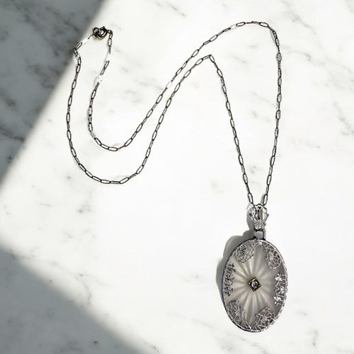 Vintage Camphor Glass Filigree Necklace 14K White Gold
