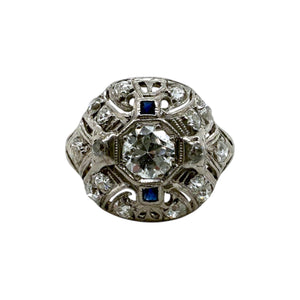 Vintage Art Deco Era Diamond & Sapphire Platinum Cocktail Ring