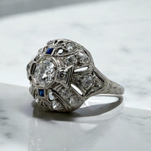 Vintage Art Deco Era Diamond & Sapphire Platinum Cocktail Ring