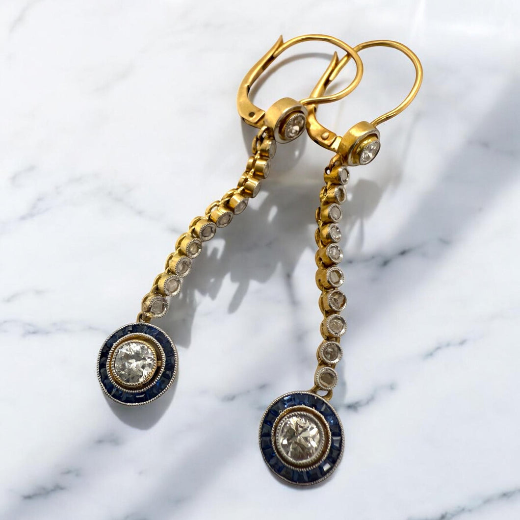 Vintage Art Deco Diamond & Sapphire Dangle Earrings