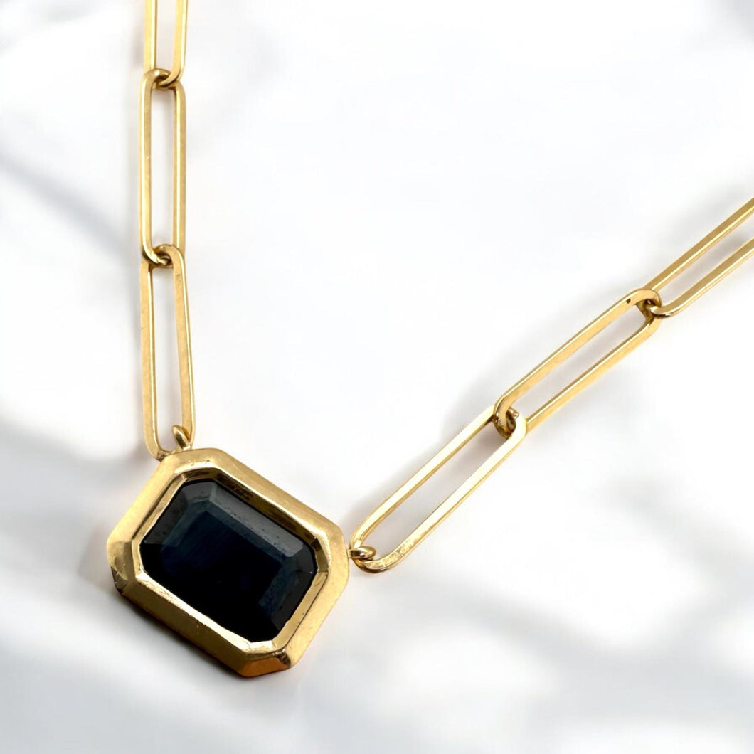 Paperclip Style Bezel Set Sapphire Necklace 14K Yellow Gold