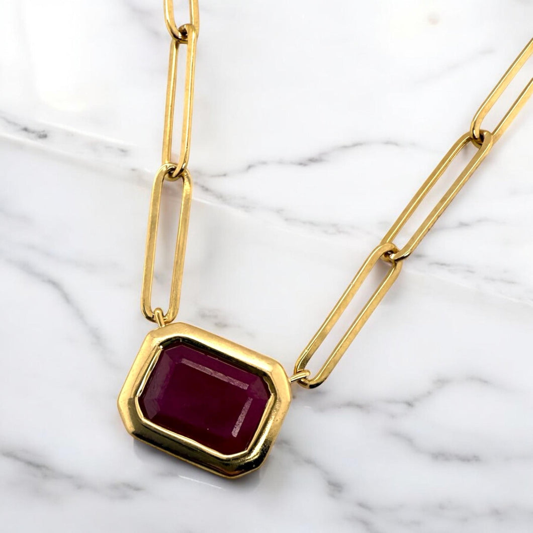 Paperclip Style Bezel Set Ruby Necklace 14K Yellow Gold