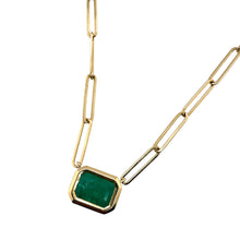 Paperclip Style Bezel Set Emerald Necklace 14K Yellow Gold