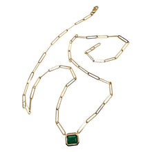 Paperclip Style Bezel Set Emerald Necklace 14K Yellow Gold