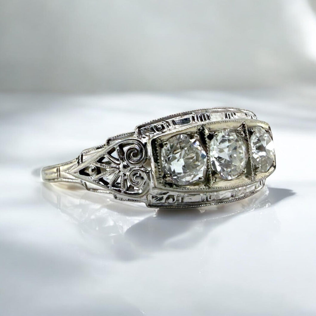 Vintage Art Deco Three Stone Old European Cut Diamond Ring