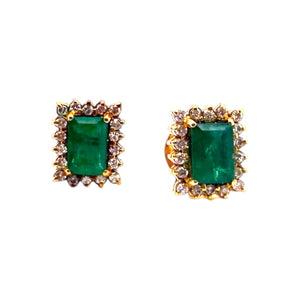 Vintage Emerald & Diamond Stud Earrings 14K Yellow Gold