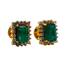 Vintage Emerald & Diamond Stud Earrings 14K Yellow Gold