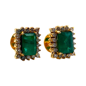 Vintage Emerald & Diamond Stud Earrings 14K Yellow Gold