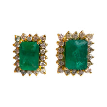 Vintage Emerald & Diamond Stud Earrings 14K Yellow Gold