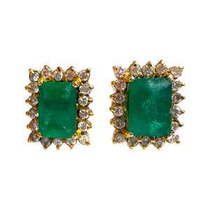 Vintage Emerald & Diamond Stud Earrings 14K Yellow Gold