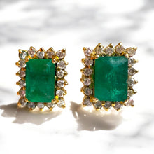Vintage Emerald & Diamond Stud Earrings 14K Yellow Gold