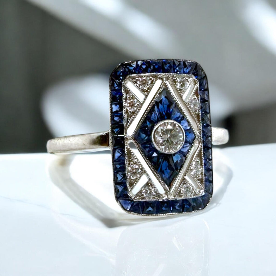 Art Deco Style Reproduction Diamond & Sapphire Cocktail Ring