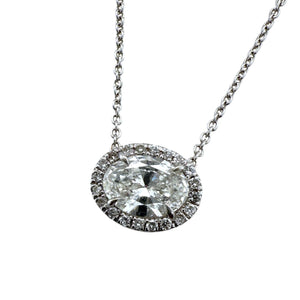 Dainty Oval Diamond Halo Pendant Necklace 18K White Gold