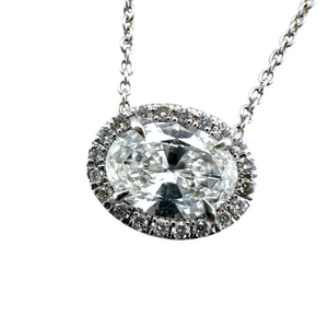 Dainty Oval Diamond Halo Pendant Necklace 18K White Gold