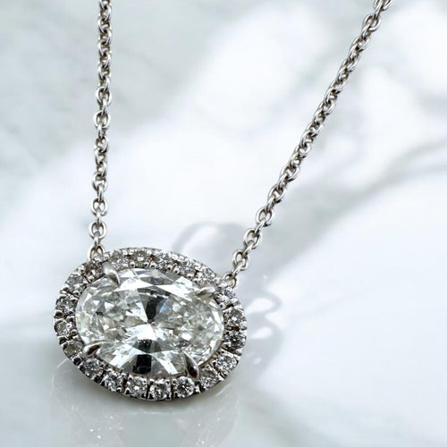 Dainty Oval Diamond Halo Pendant Necklace 18K White Gold