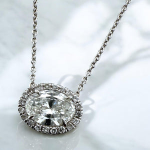 Dainty Oval Diamond Halo Pendant Necklace 18K White Gold